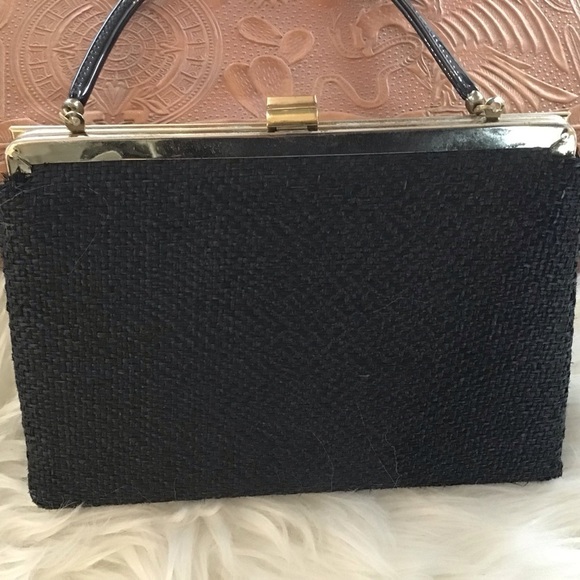 Vintage Andé evening bag/ clutch with gold trim and clasp, patent leather handle